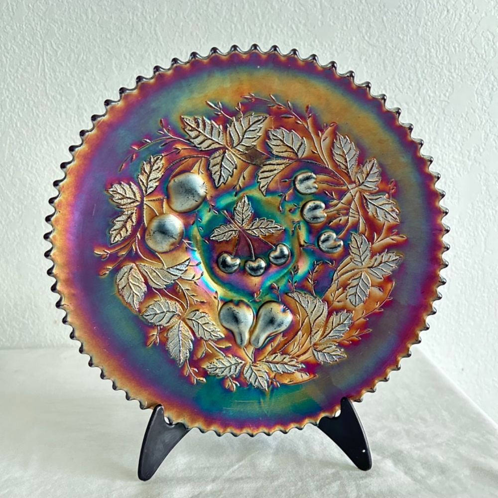 Antique Northwood Amethyst Three Fruits Carnival Glass PCE  Pie Crust Edge Bowl